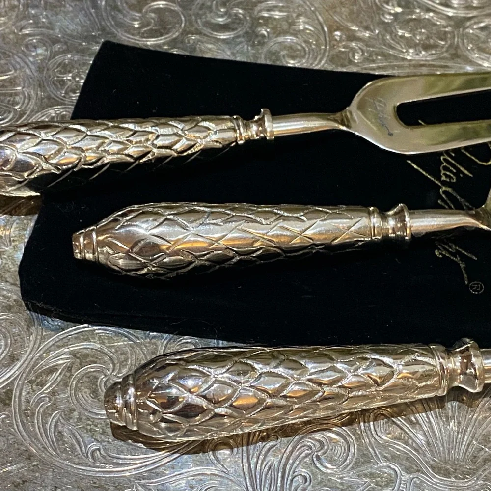 Vintage Julia Knight 3 Piece Cheese Serving Set Silver Florentine Charcuterie